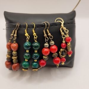 Vintage boho artisan drop earring lot red green stone glass beads 4 pairs